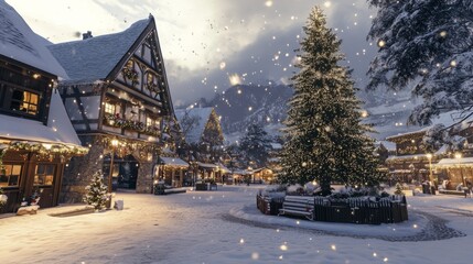 Snowy Christmas Eve in a European Village Square