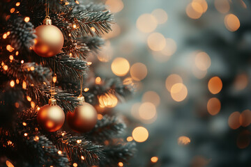 Blurred Christmas tree background with glowing bokeh lights, soft warm light