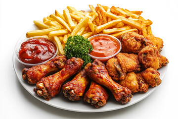 Chicken wings and fries platter, on a white background