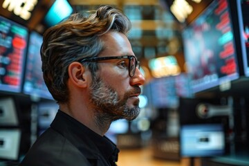Obraz premium side view of a stock market broker analyzing graphs on multiple screens in a bustling office.