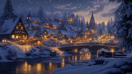 A Snowy Village with a Bridge and a River