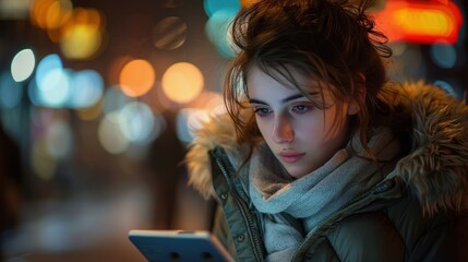 Fototapeta premium Stylish young woman holding a tablet in a busy shopping mall, with blurred lights in the background.