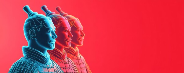 Digital Terracotta Warriors, neon holographic soldiers, augmented reality China