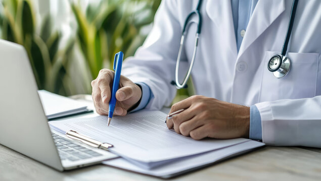 the close up picture of doctor who is reading the case files and prescript for the patients