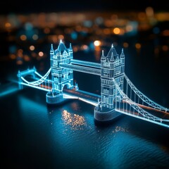 Digital Tower Bridge, glowing hologram over Thames, augmented reality London