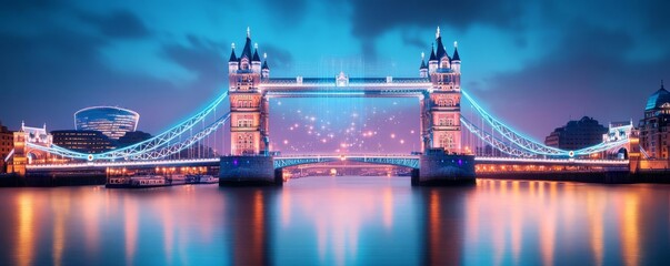 Digital Tower Bridge, glowing hologram over Thames, augmented reality London