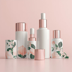 mock up 3d design of the light chrome pink and flowery cosmetic collection on plain pink background