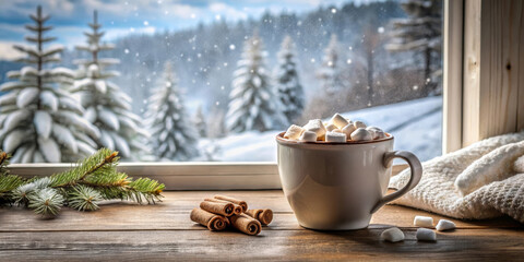 Hot Cocoa with Marshmallows by a Winter Window View