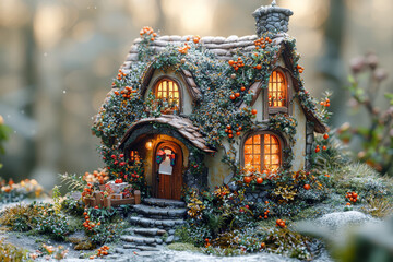 Obraz premium A cheeky brownie with a tiny cap and apron, tidying up a magical cottage and leaving gifts for its inhabitants. Concept of household magic and helpful spirits.