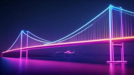 Fototapeta premium Hologram Bosphorus Bridge, digital glow, neon Istanbul, futuristic Turkey