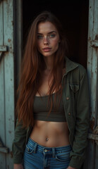 Naklejka premium Beautiful woman with freckles posing in casual outfit outdoors