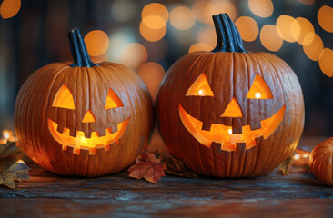 Obraz premium close up of carved halloween pumpkins on table