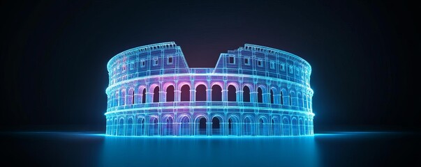 Hologram Colosseum, digital ruins, futuristic Rome skyline, ancient meets modern