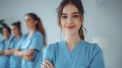 Fototapeta premium Female doctor in blue medical uniform, with long hair and bright smile, crossing her arms, standing in hospital, other medical workers in background.