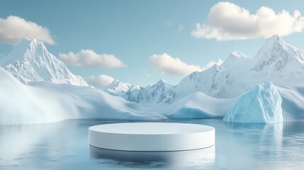 White podium on frozen water, with icy mountains in the background for a minimalist product display