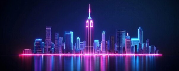 Hologram Empire State Building, digital skyline, neon glow, futuristic New York