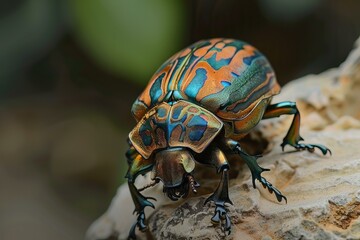 Naklejka premium Macro photograph of a jewel beetle with an iridescent exoskeleton, standing on a rock