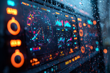 Obraz premium A weather monitoring station displaying high wind speeds and severe weather warnings. Concept of meteorological data and storm tracking.