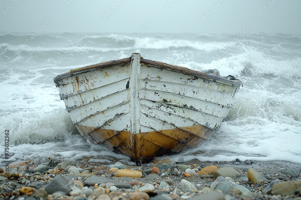 Poster A stranded boat on a beach after a severe storm, with high waves and rough sea conditions. Concept of maritime hazards and storm impact.