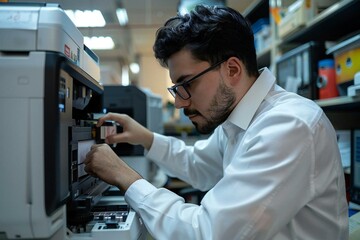 young businessman fixing a cartridge in a printer at the office.