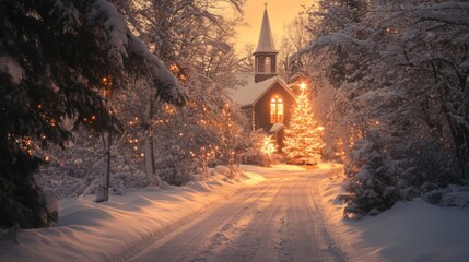 Snow-Covered Church and Christmas Tree on a Snowy Road