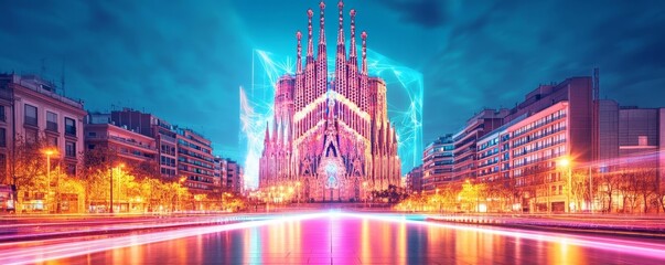 Hologram Sagrada Familia, digital projection on basilica, neon lights, futuristic Barcelona