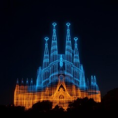 Hologram Sagrada Familia, digital projection on basilica, neon lights, futuristic Barcelona