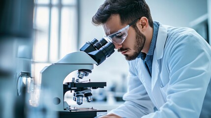 scientist in a lab coat analyzing samples under a microscope in a modern laboratory, copy space