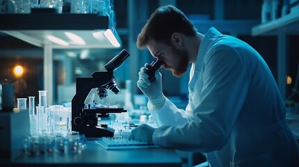 scientist in a lab coat analyzing samples under a microscope in a modern laboratory, copy space