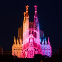 Hologram Sagrada Familia, digital projection on basilica, neon lights, futuristic Barcelona