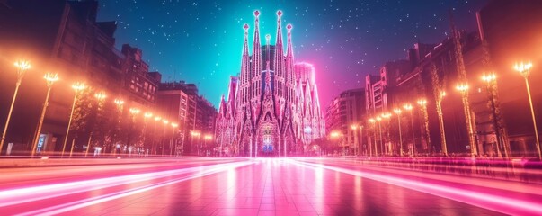 Hologram Sagrada Familia, digital projection on basilica, neon lights, futuristic Barcelona