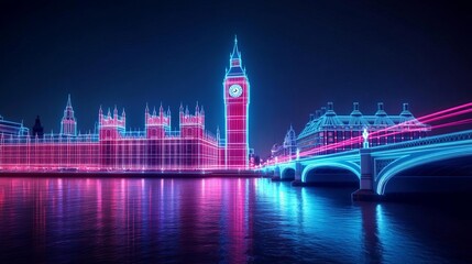 Holographic Big Ben, augmented reality clock tower, neon Thames river, futuristic London