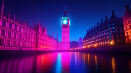 Fototapeta premium Holographic Big Ben, augmented reality clock tower, neon Thames river, futuristic London