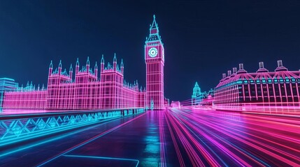 Fototapeta premium Holographic Big Ben, augmented reality clock tower, neon Thames river, futuristic London