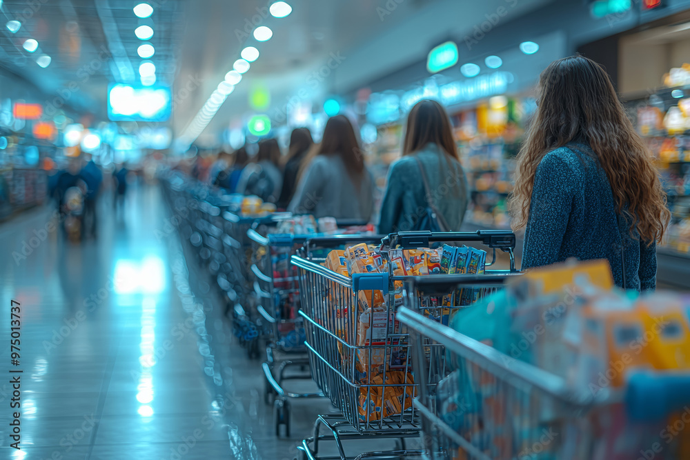 Poster a line of customers waiting to check out, each with multiple items in their carts. concept of long q