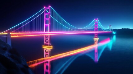 Holographic Golden Gate Bridge, digital overlay, neon reflections on water, futuristic San Francisco