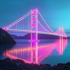 Fototapeta premium Holographic Golden Gate Bridge, digital overlay, neon reflections on water, futuristic San Francisco