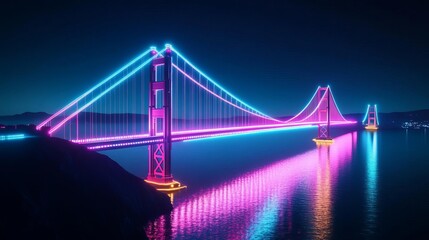Obraz premium Holographic Golden Gate Bridge, digital overlay, neon reflections on water, futuristic San Francisco