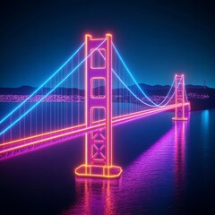 Obraz premium Holographic Golden Gate Bridge, digital overlay, neon reflections on water, futuristic San Francisco