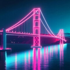 Obraz premium Holographic Golden Gate Bridge, digital overlay, neon reflections on water, futuristic San Francisco