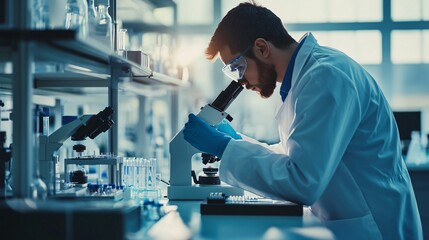 scientist in a lab coat analyzing samples under a microscope in a modern laboratory, copy space