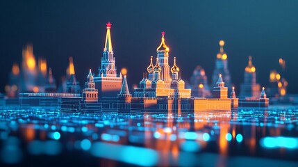 Holographic Kremlin Kremlin cityscape, digital glow, futuristic Russia