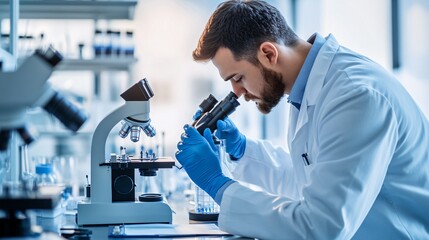 scientist in a lab coat analyzing samples under a microscope in a modern laboratory, copy space