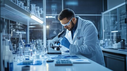 scientist in a lab coat analyzing samples under a microscope in a modern laboratory, copy space