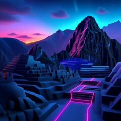 Holographic Machu Picchu ruins, digital glow, neon Andes mountains, futuristic Peru