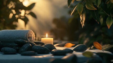 Spa atmosphere with rocks and bottles of essential oils on the table. This layout shows the serenity for relaxation or body treatment in a luxury spa resort hotel