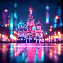 Holographic Red Square, digital projection, futuristic Moscow, neon city lights
