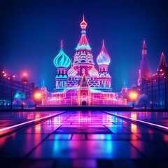 Holographic Red Square, digital projection, futuristic Moscow, neon city lights