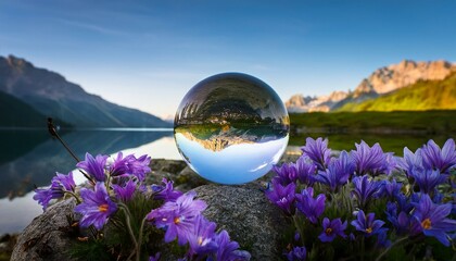 
purple flowers and a mountain lake reflected into the lensball