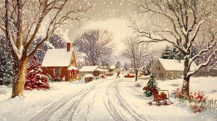 Naklejka premium A Snowy Winter Village Street Scene with Christmas Decor